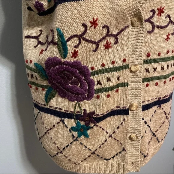 Napa Valley Tan Floral Embroidered Knit Sweater Vest Boho Grannycore Indie Large - Picture 4 of 10